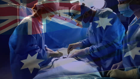 animation of flag of australia over surgeons in operating theatre