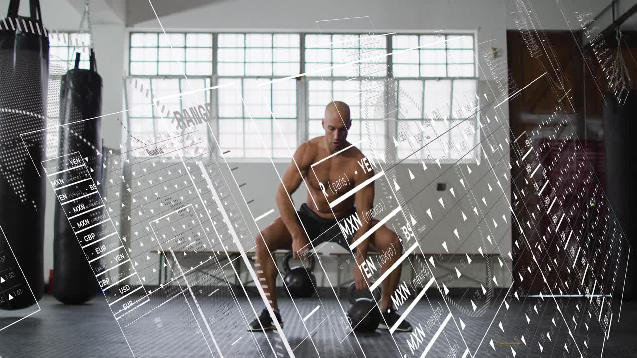 Male athlete grasping kettlebells, doing alternating one arm cleans for fitness, HUD guiding form