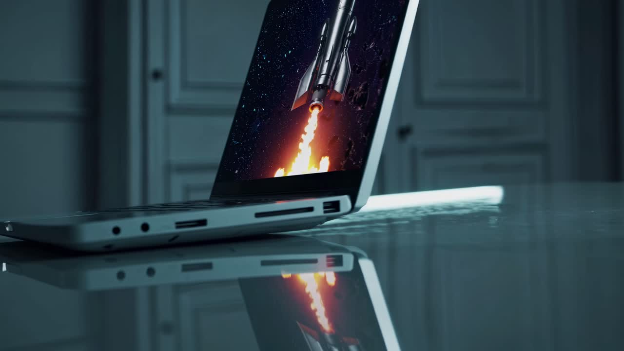 A laptop on a reflective surface shows a rocket launch video. The side angle highlights the screen's