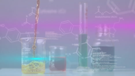 Animation-of-data-processing-over-beaker-and-chemical-formula