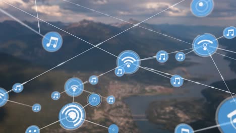 animation of network of connections with icons over landscape