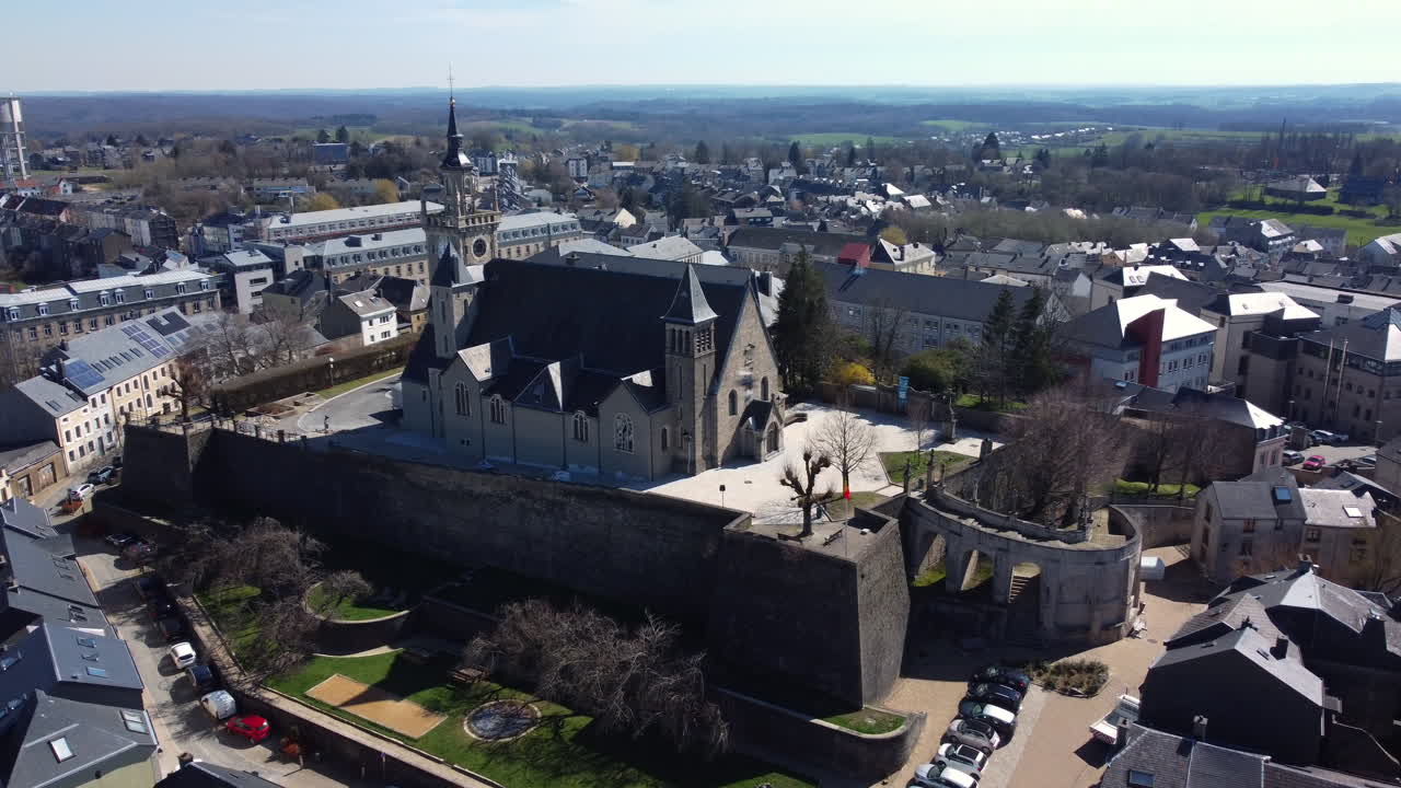 Aerial View of a City with Church and Fortress Walls
