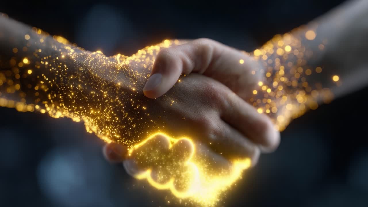 A Symbolic Handshake Illuminated by Sparkling Particles Signifying Partnership and Unity in a Digital Age of Collaboration and Mutual Understanding