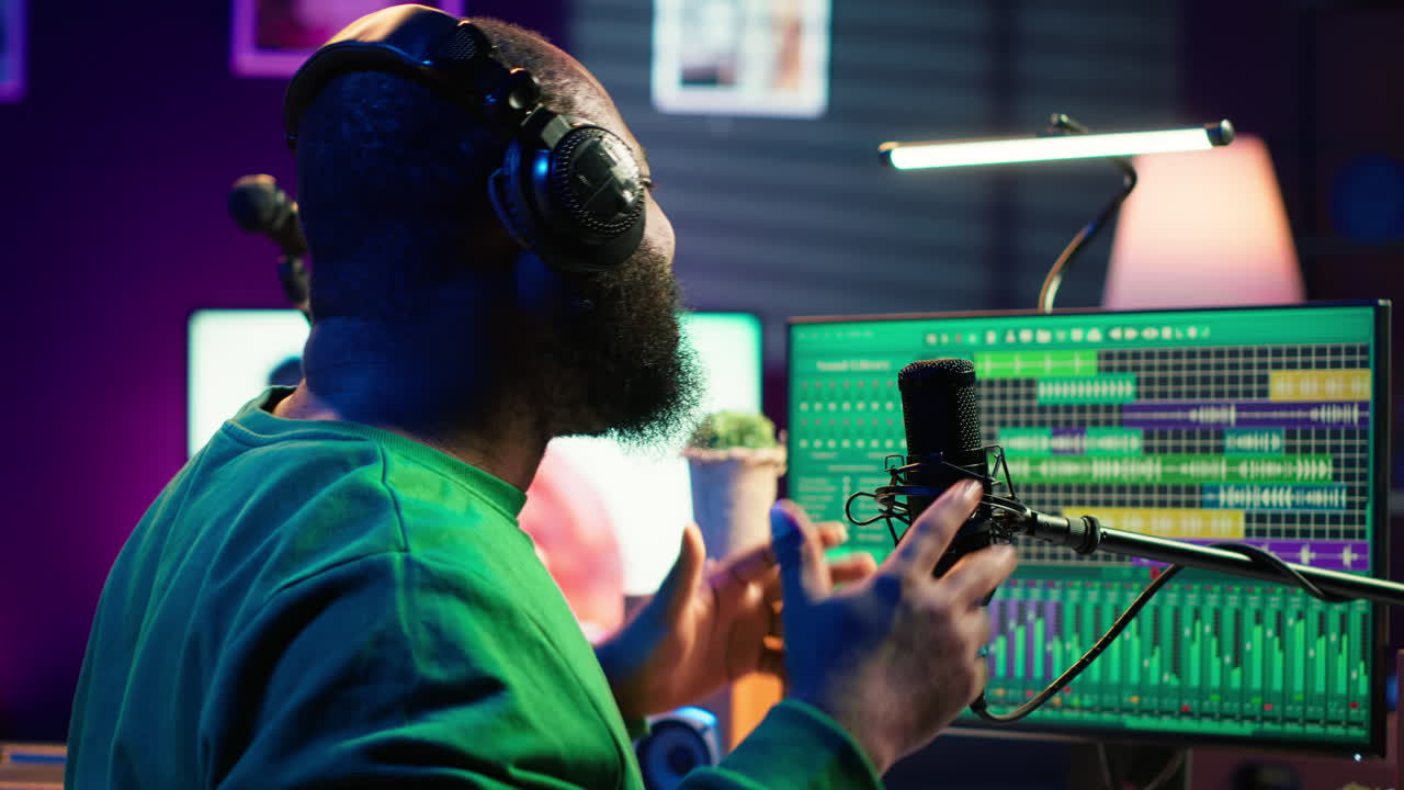 productor cantando una nueva canción para grabar en el micrófono
