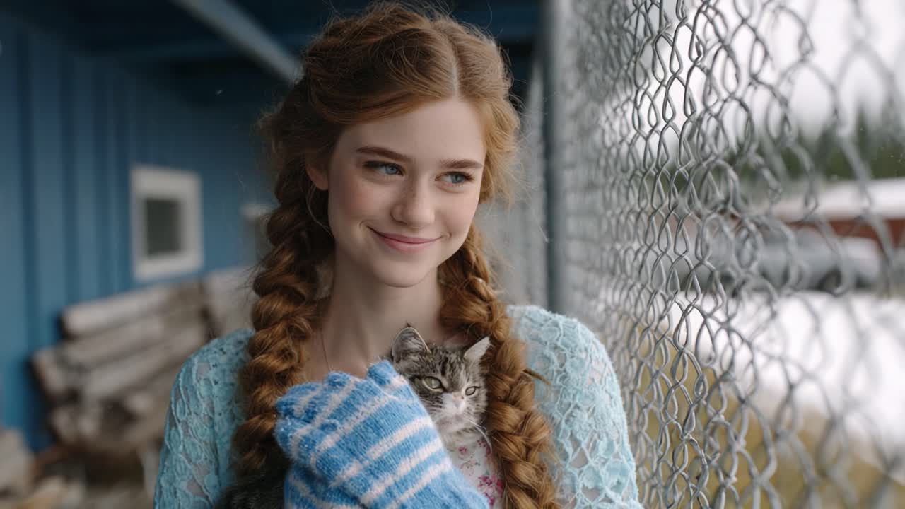 A Heartwarming Moment: A Young Girl with Braided Hair Holds a Adorable Kitten, Sharing Joy and Connection Within a Cozy Outdoor Setting
