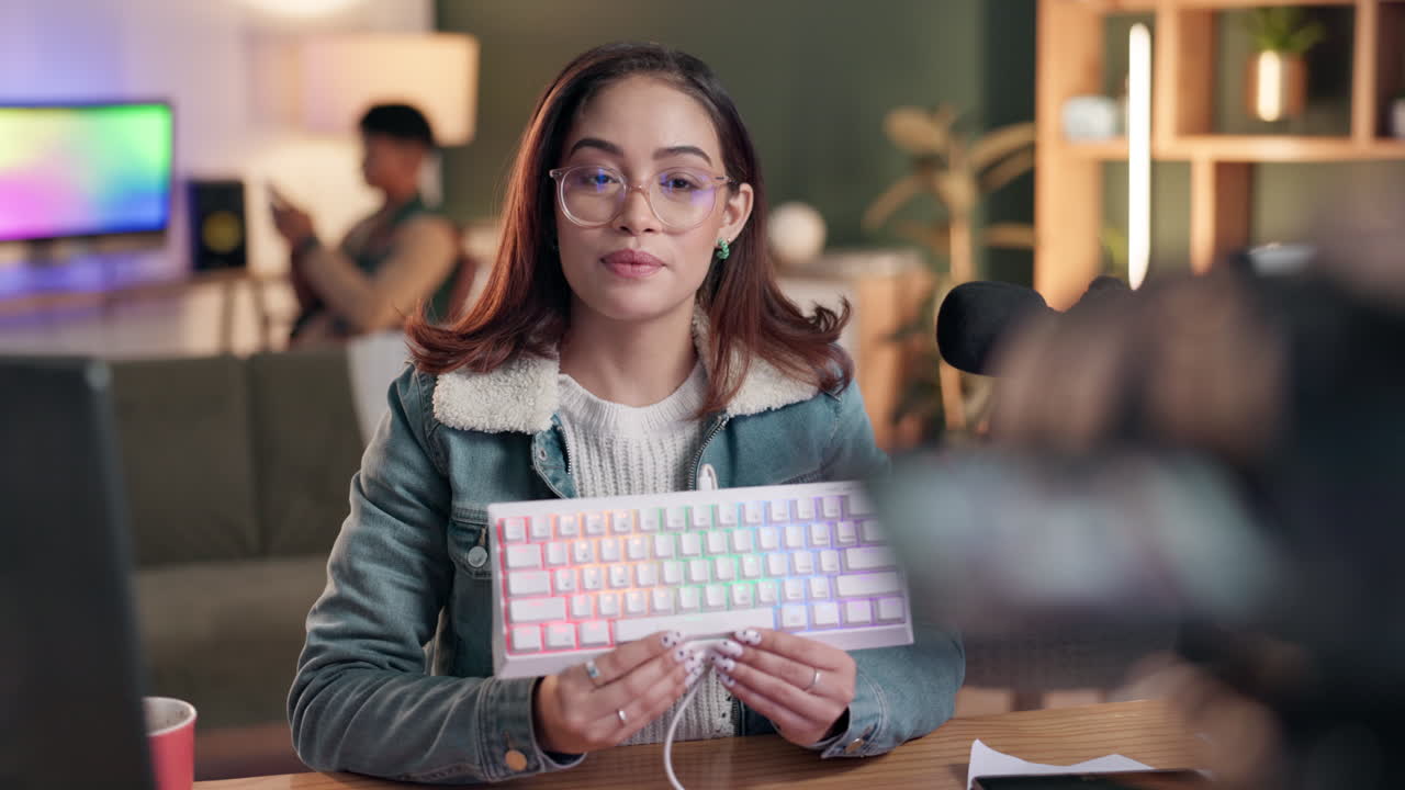 Woman holding a keyboard in front of a microphone