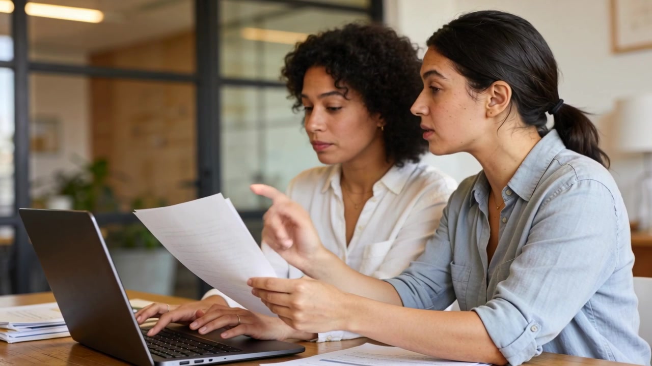 Showing sheet, right woman in button-up guiding left woman typing on laptop updating data in office