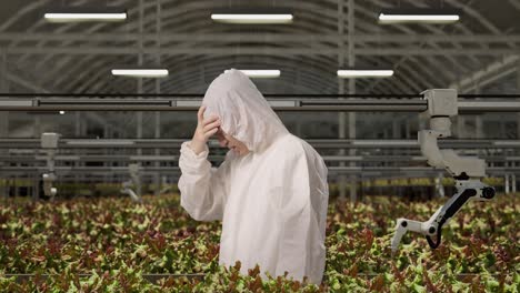 side view of asian man researcher having a headache while standing in the greenhouse with smart robotic farmers