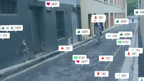 animación de iconos y procesamiento de datos sobre mujer afroamericana montando bicicleta