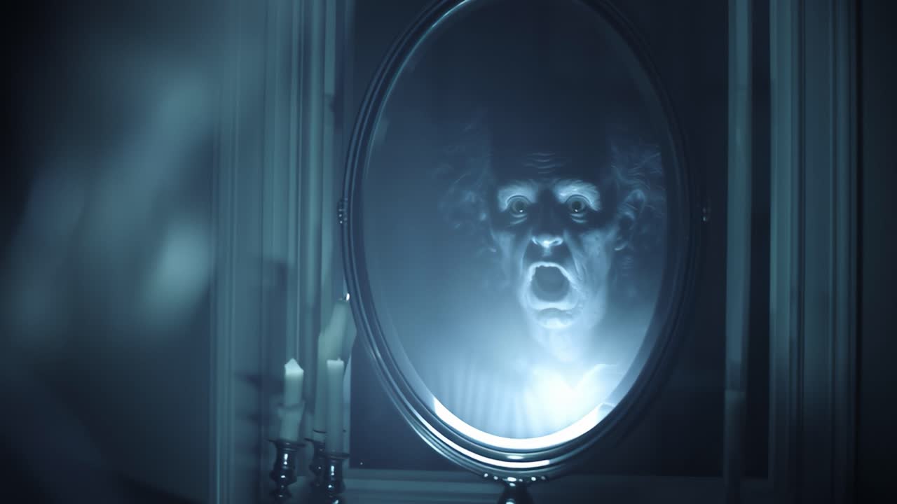 A Haunting Reflection: Explore the Eerie Transformation of a Figure in the Mirror as it Transforms from Mysterious to Terrifying in Chilling Atmosphere