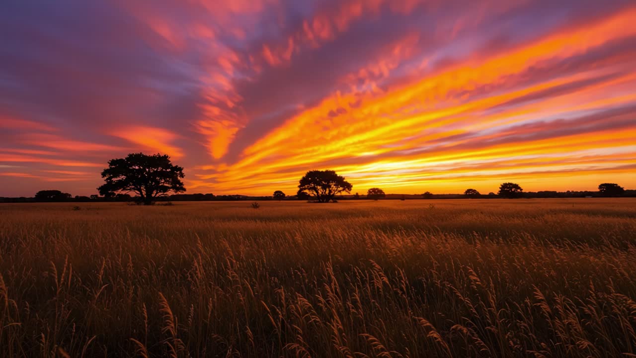 Vibrant Sunset Over a Golden Field with Silhouetted Trees