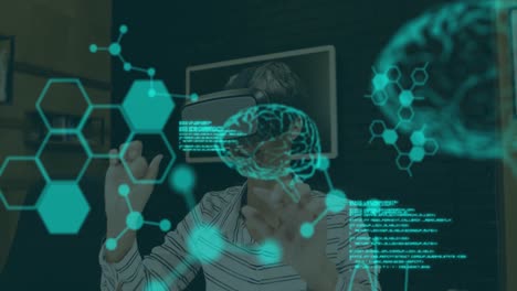 animación de datos científicos sobre mujer caucásica que usa auriculares vr en la oficina