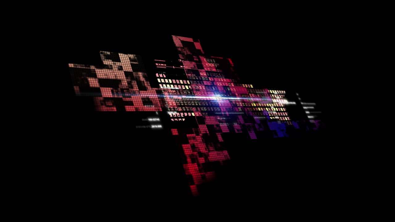 Abstract futuristic digital background with glowing code, pixel grids, colorful light streaks and data elements on a dark backdrop, designed for technology and digital media projects.