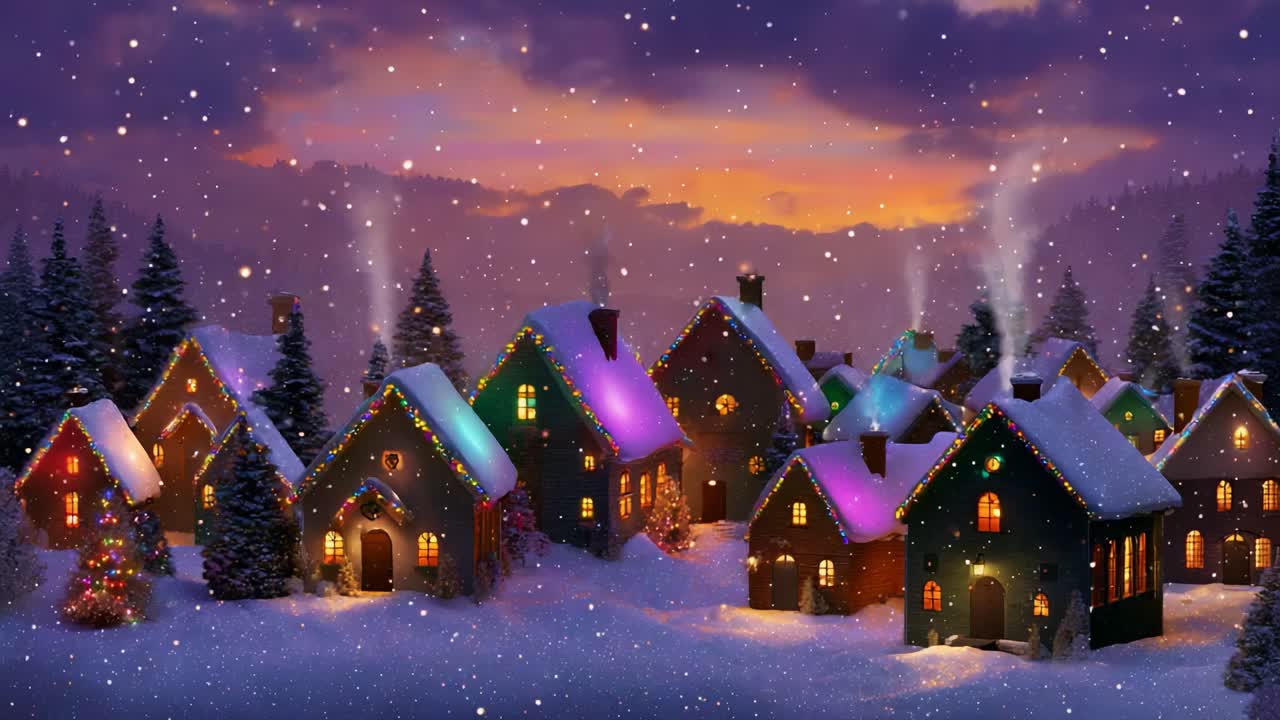 A Winter Wonderland: Charming Colorful Houses Adorned with Christmas Lights Create a Magical Atmosphere in a Snowy Village, Illuminated Under the Twilight Sky with Gentle Snowflakes Falling