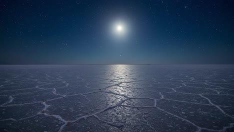 a serene moonlit night over a glimmering salt flat, capturing the beauty of the milky way as its stars reflect on the shimmering surface beneath the bright full moon