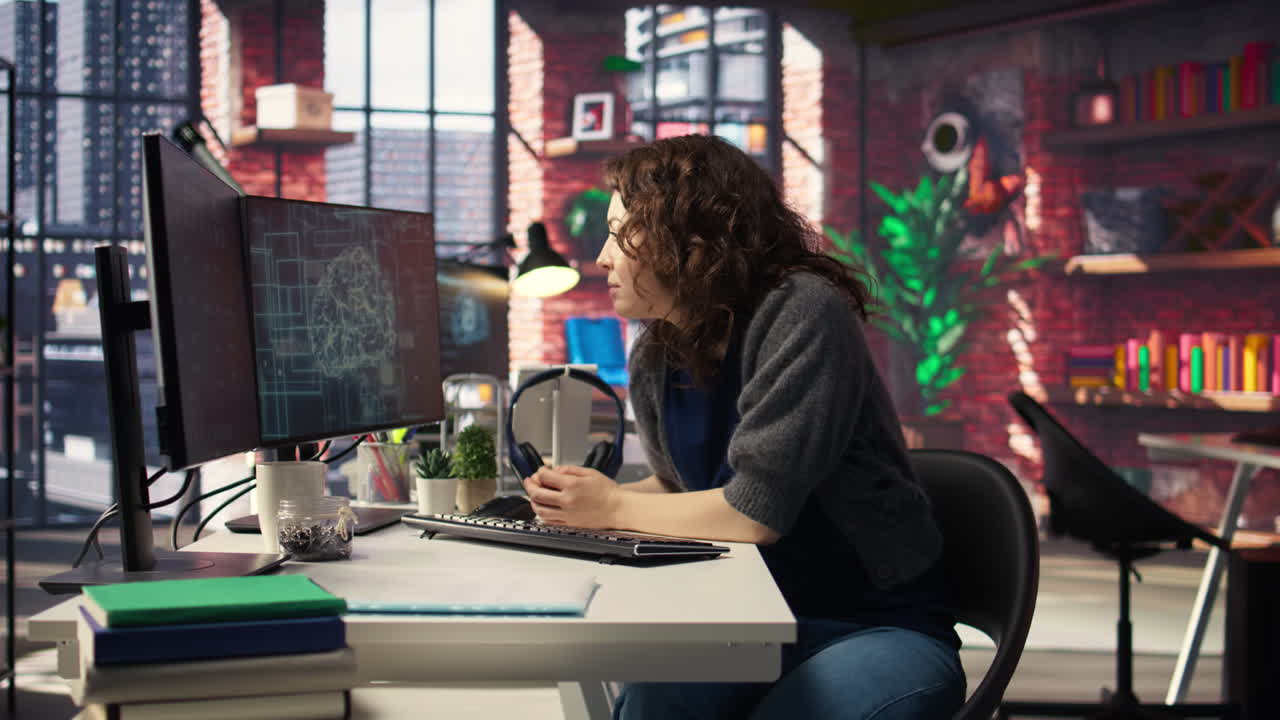 Female system admin doing maintenance on AI brain pc systems