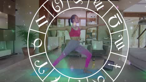 círculo de signos del zodiaco sobre mujeres biraciales practicando yoga