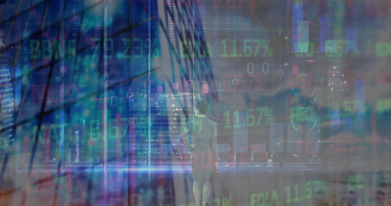 Animation of financial data processing over cityscape