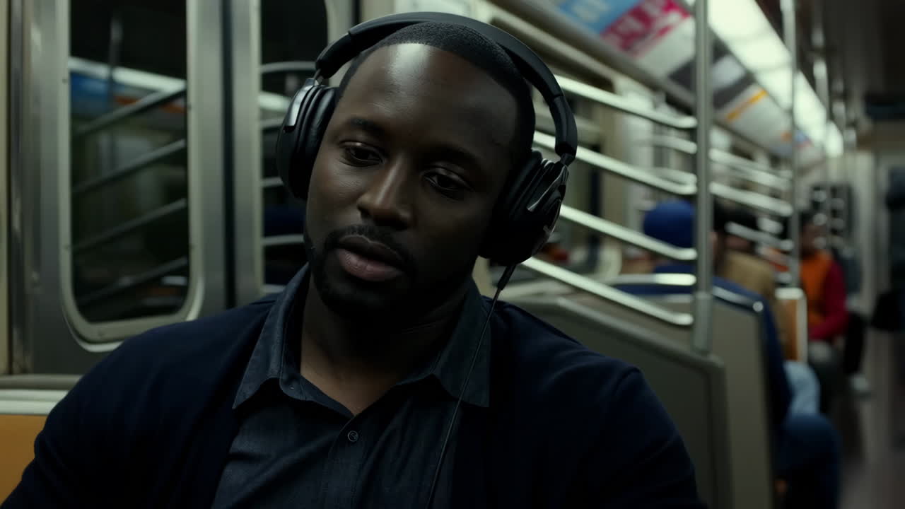 Man listening to headphones on a subway