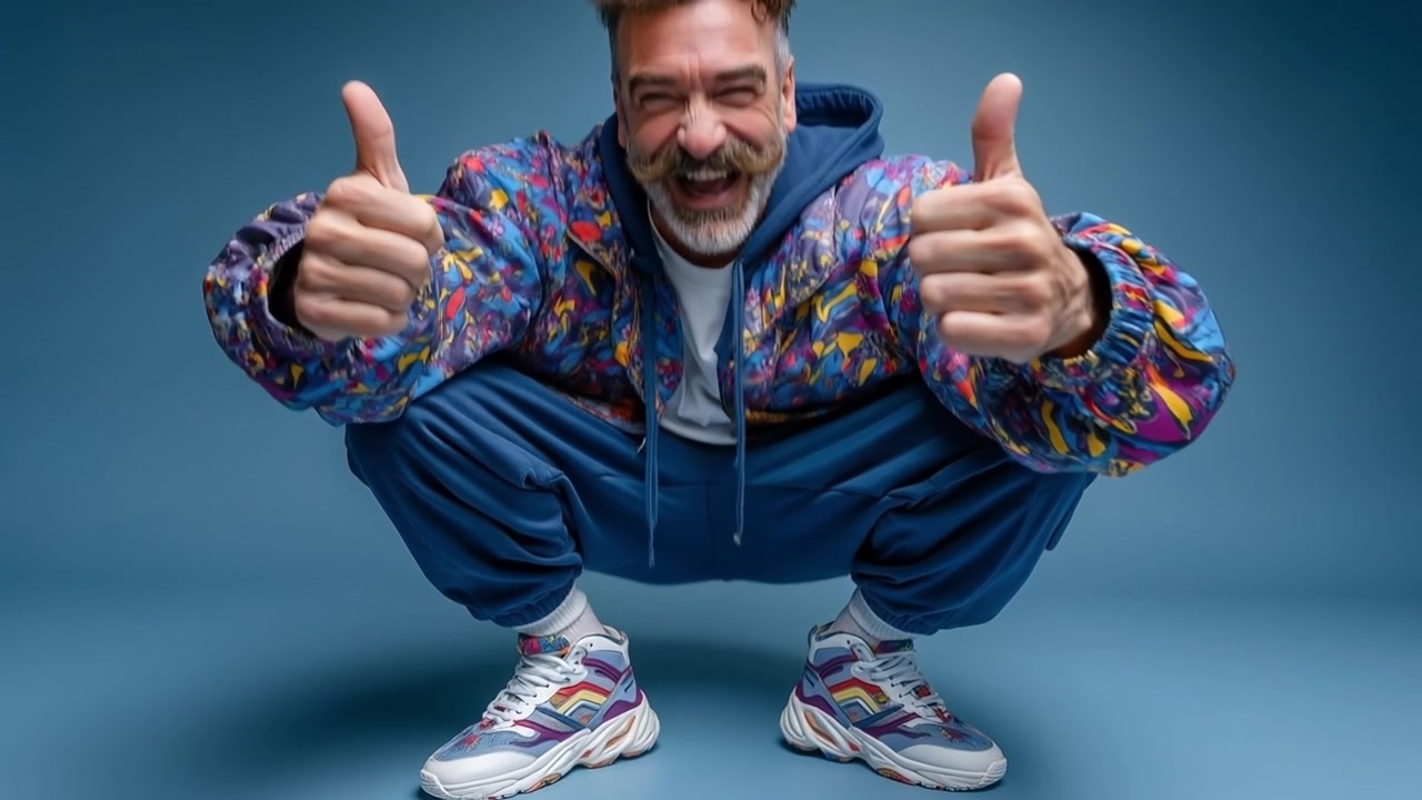 Uomo di mezza età in vivace tuta sportiva blu accovacciato e che mostra due pollici in su in studio