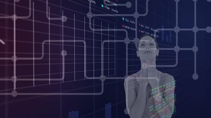Animation of data processing over caucasian woman
