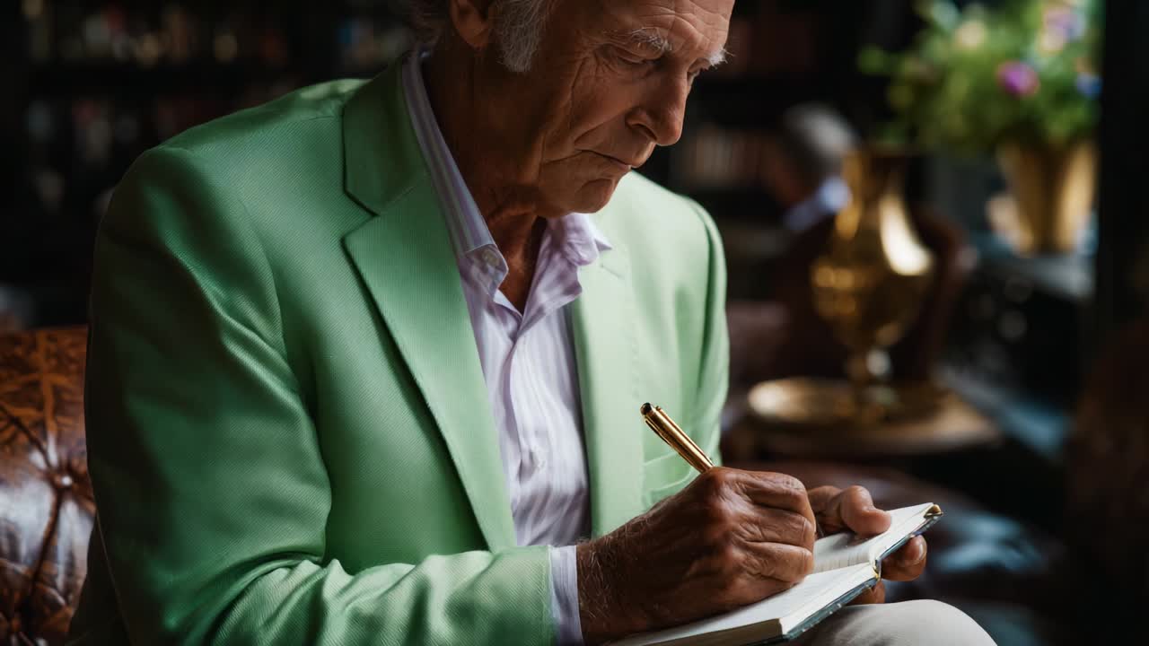 A Reflective Moment: An Elderly Gentleman Dressed in a Light Green Blazer Engaged in Thoughtful Writing in a Cozy Library Environment
