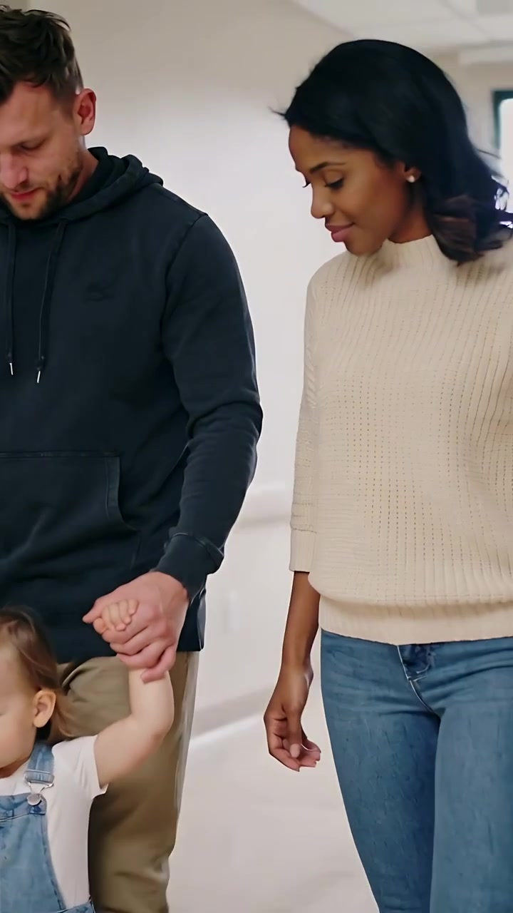 Vertical video: Holding hands, parents guiding toddler learning to walk in corridor, denim overalls