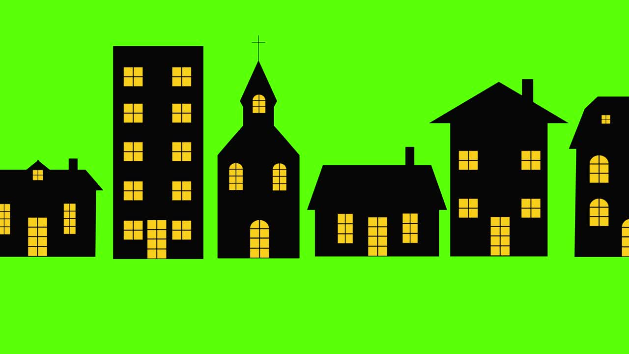 Animazione Chroma key di una città su green screen, loop continuo, scena notturna.