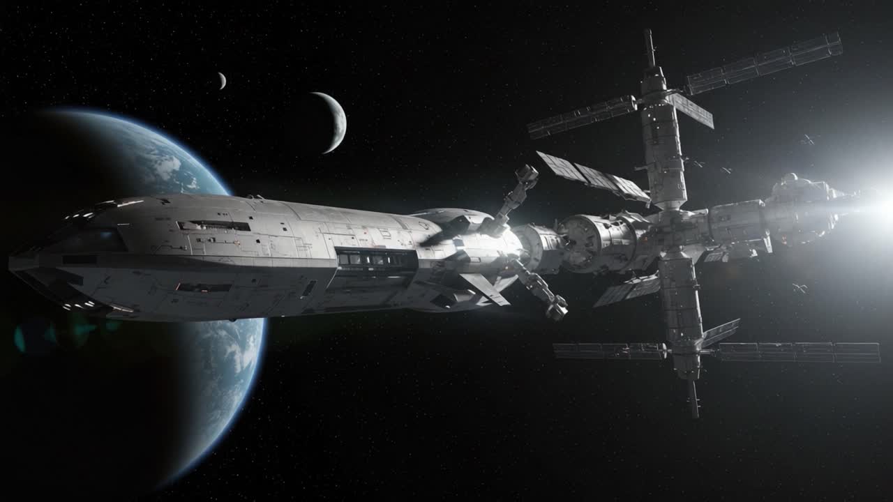 A Breathtaking Journey Through Space: A Stunning Visual of a Futuristic Space Station Orbiting a Distant Planet with Companion Moons Capturing the Essence of Interstellar Exploration