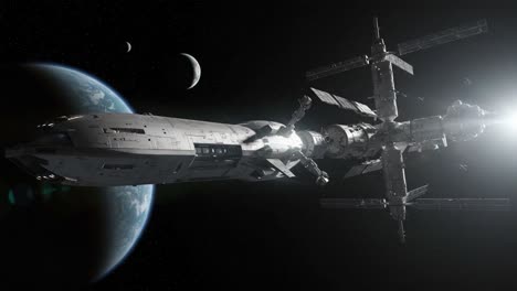 a breathtaking journey through space: a stunning visual of a futuristic space station orbiting a distant planet with companion moons capturing the essence of interstellar exploration