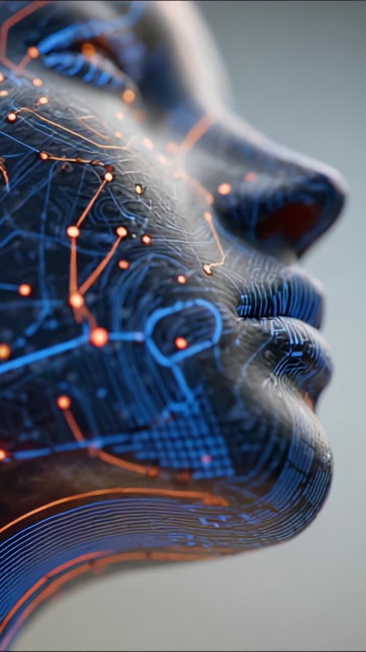 Una prospettiva ravvicinata di un volto cibernetico astratto che mostra intricati modelli e connessioni digitali, che rappresentano la tecnologia avanzata e l'intelligenza artificiale