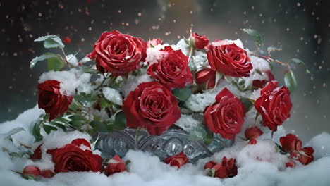 a beautiful bouquet of red roses in a winter wonderland