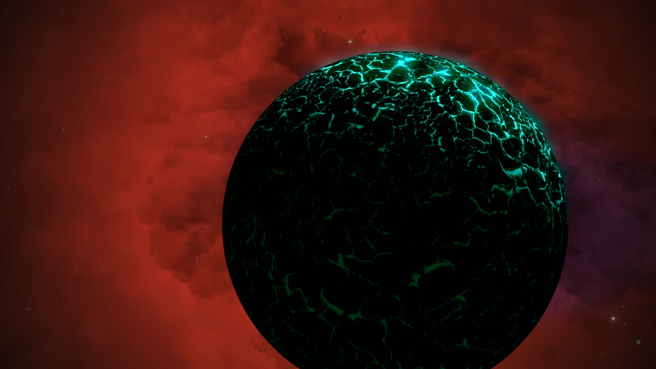 cgi는 빨간색과 보라색 성운, 공간, 넓은 시야 앞에 있는 녹색 외계 행성으로 확대합니다.