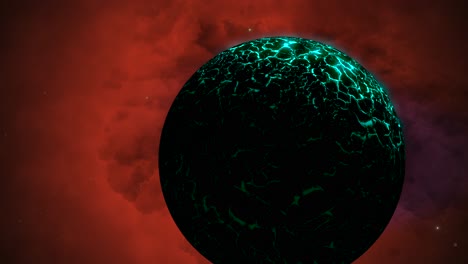 zoom cgi por planeta alienígena verde frente a nebulosa roja y púrpura, espacio, vista amplia