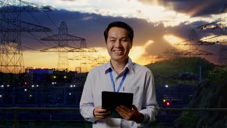 asian male professional worker standing with his tablet near high voltage tower, industrial facility, he is looking at the camera with a smile
