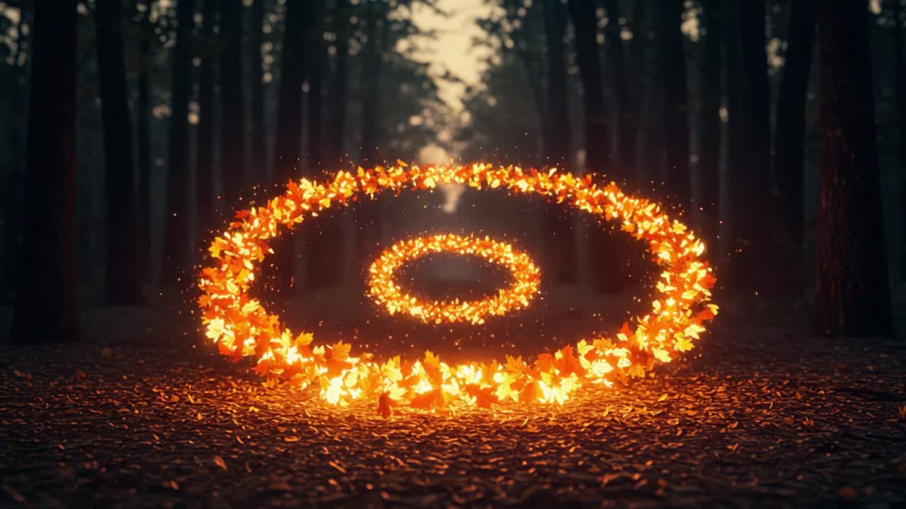 A Mesmerizing Display of Magic: Two Frames Capturing a Glowing Circle of Sparks Surrounded by Autumn Leaves in an Enchanted Forest Setting