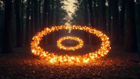 a mesmerizing display of magic: two frames capturing a glowing circle of sparks surrounded by autumn leaves in an enchanted forest setting