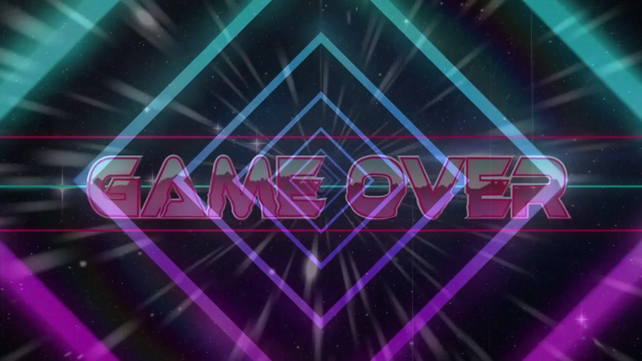 Partikeleksplosion starter, GAME OVER-tekst og neonringe falmer, udstråler, signalerer arkadespillets afslutning
