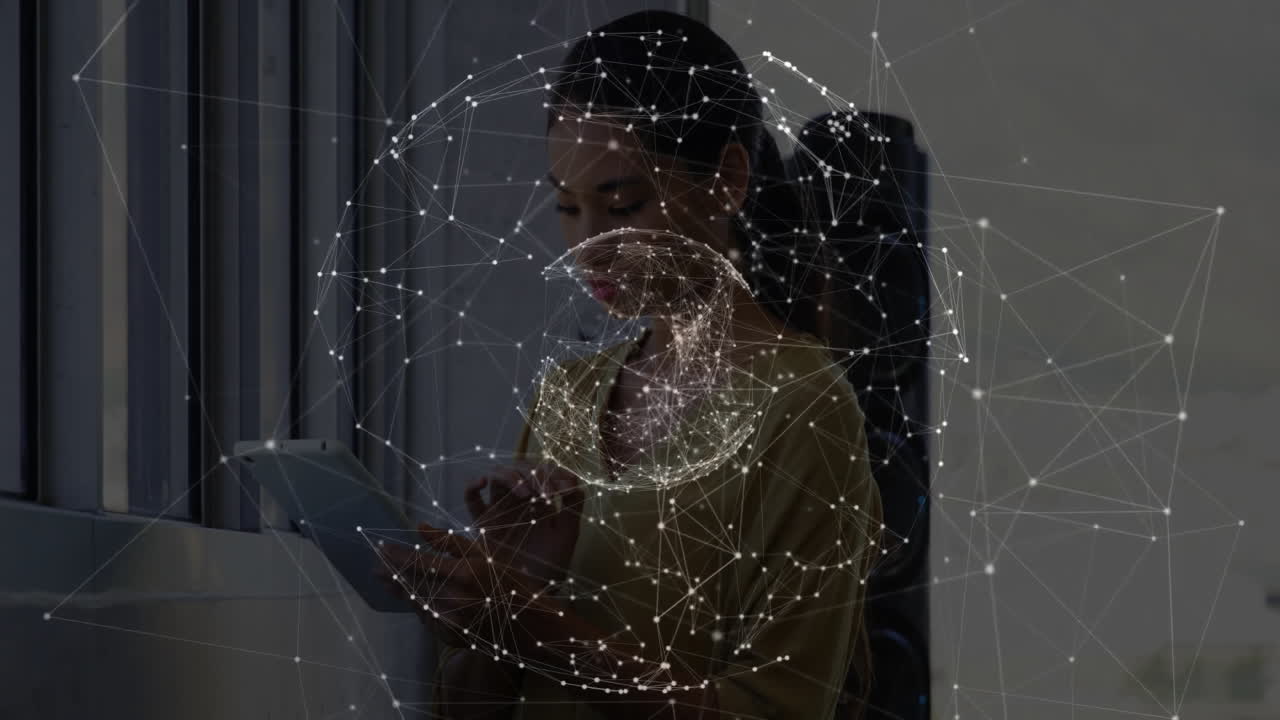 Woman using tablet with network of connections and data processing animation overlay