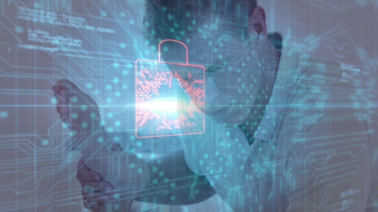 male therapist examining foot in health tech demo, with floating padlock data grid overlay