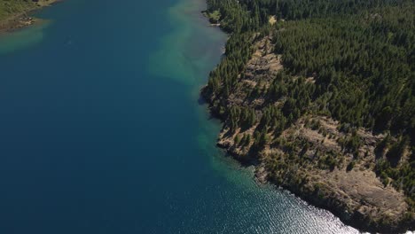 Aerial-high-angle-of-turquoise-Epuyen-lake-between-pine-tree-forest-and-mountains,-Patagonia-Argentina