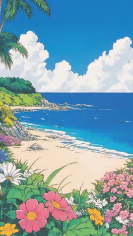 Vibrant anime-style beach scene with lush greenery and blue skies, captured from a low angle