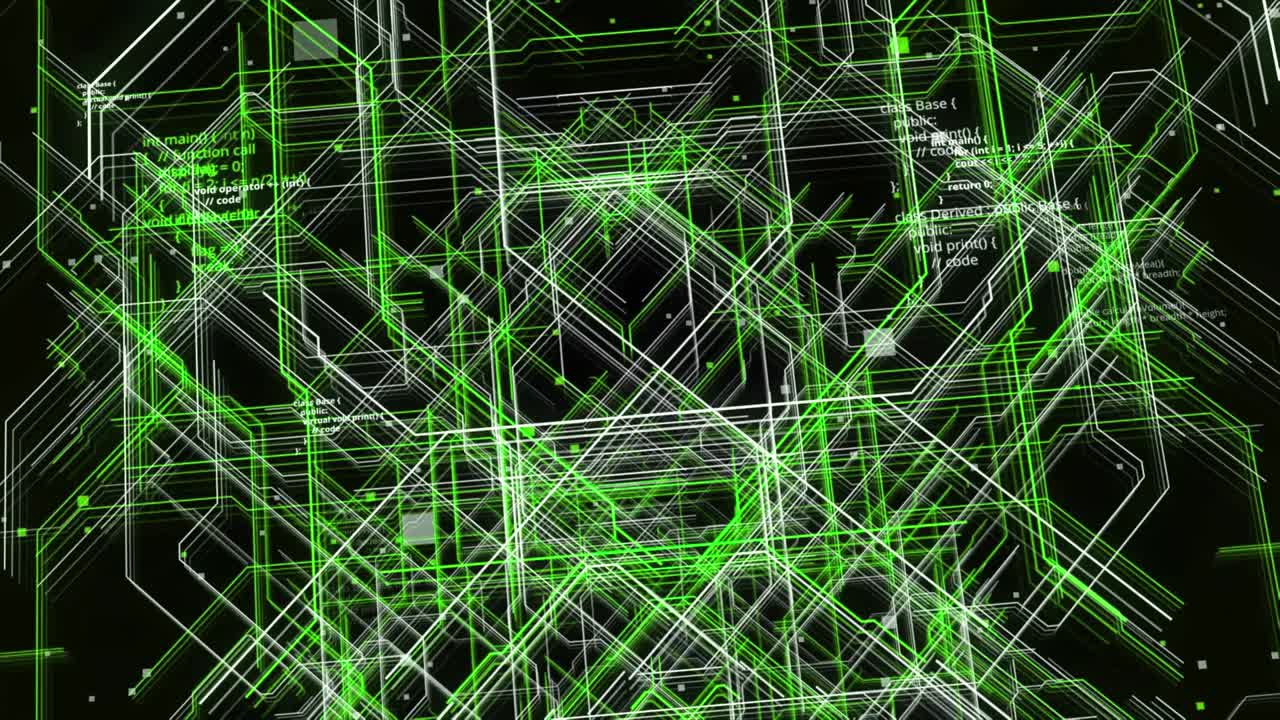 inteligencia artificial creando conexiones de colores blancos y verdes, bucle sin costuras. animación. líneas de código abstractas entre rayas verdes y blancas en movimiento.