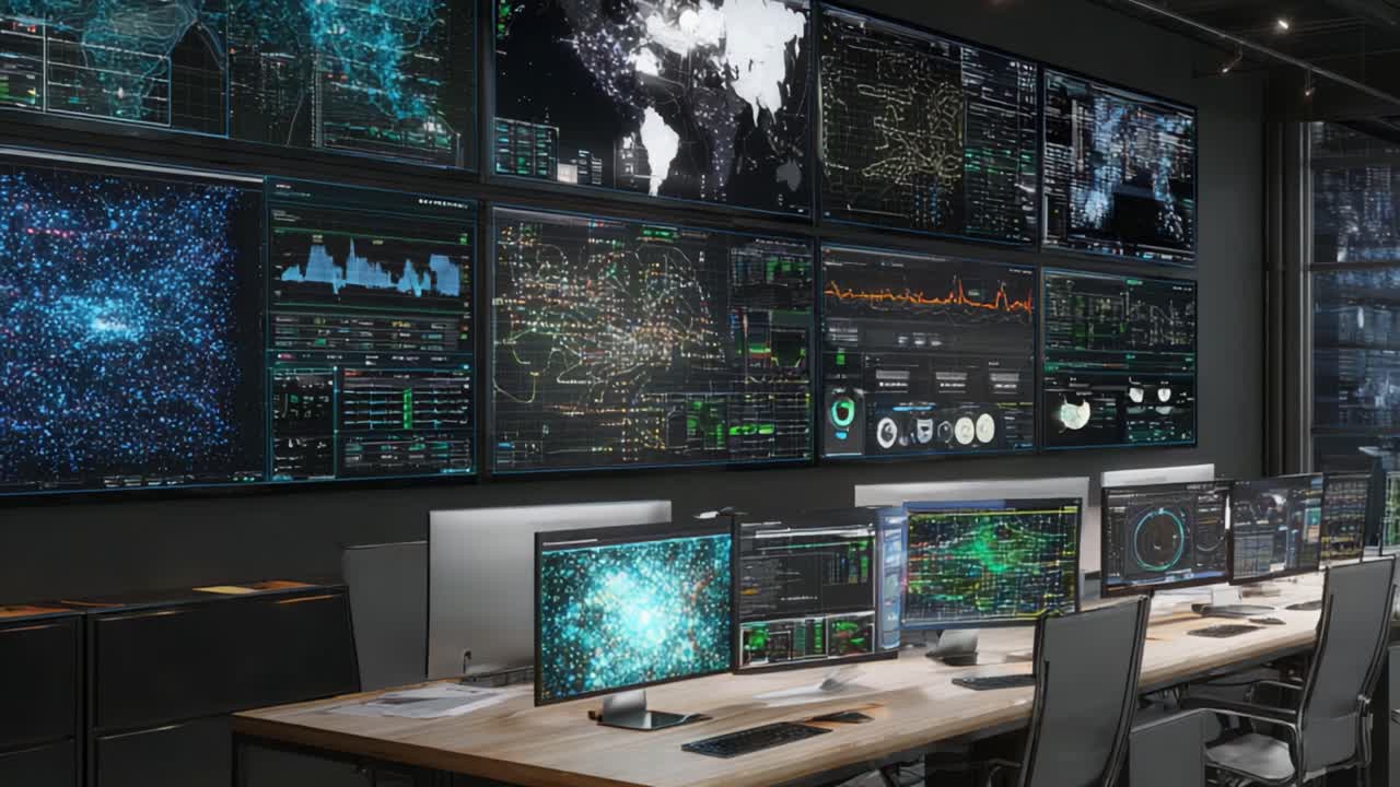 Centro di controllo high-tech con display di dati multipli che mostrano mappe globali, traffico di rete e analisi complete per un monitoraggio e un'analisi efficienti.