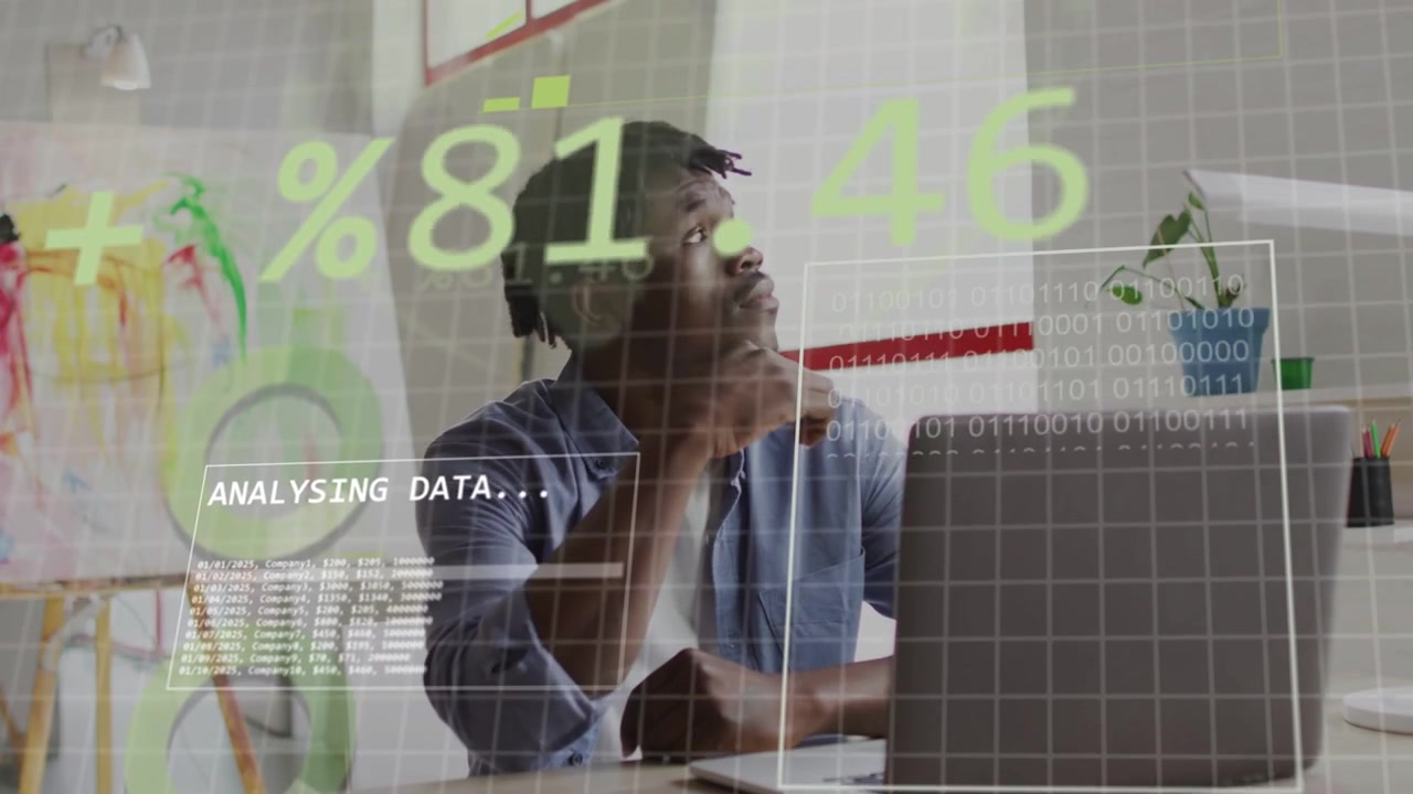 Analyst sitting desk holding phone by laptop, seeing HUD appearing and updating DATA percentages