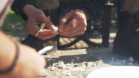 People-cutting-garlic-mid-shot-shallow-depth-of-field-outdoors-sunshine