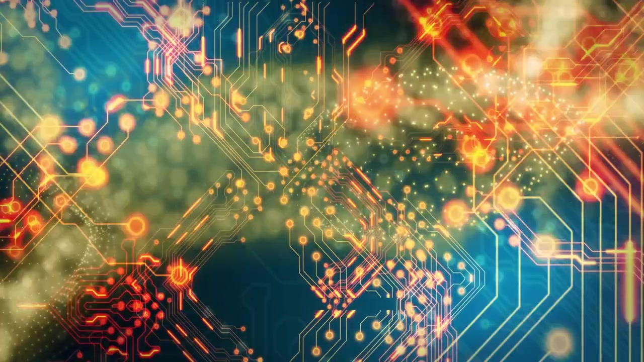 Particle ribbon entering upper-left, initiating circuit traces, nodes pulsing, forming tech network
