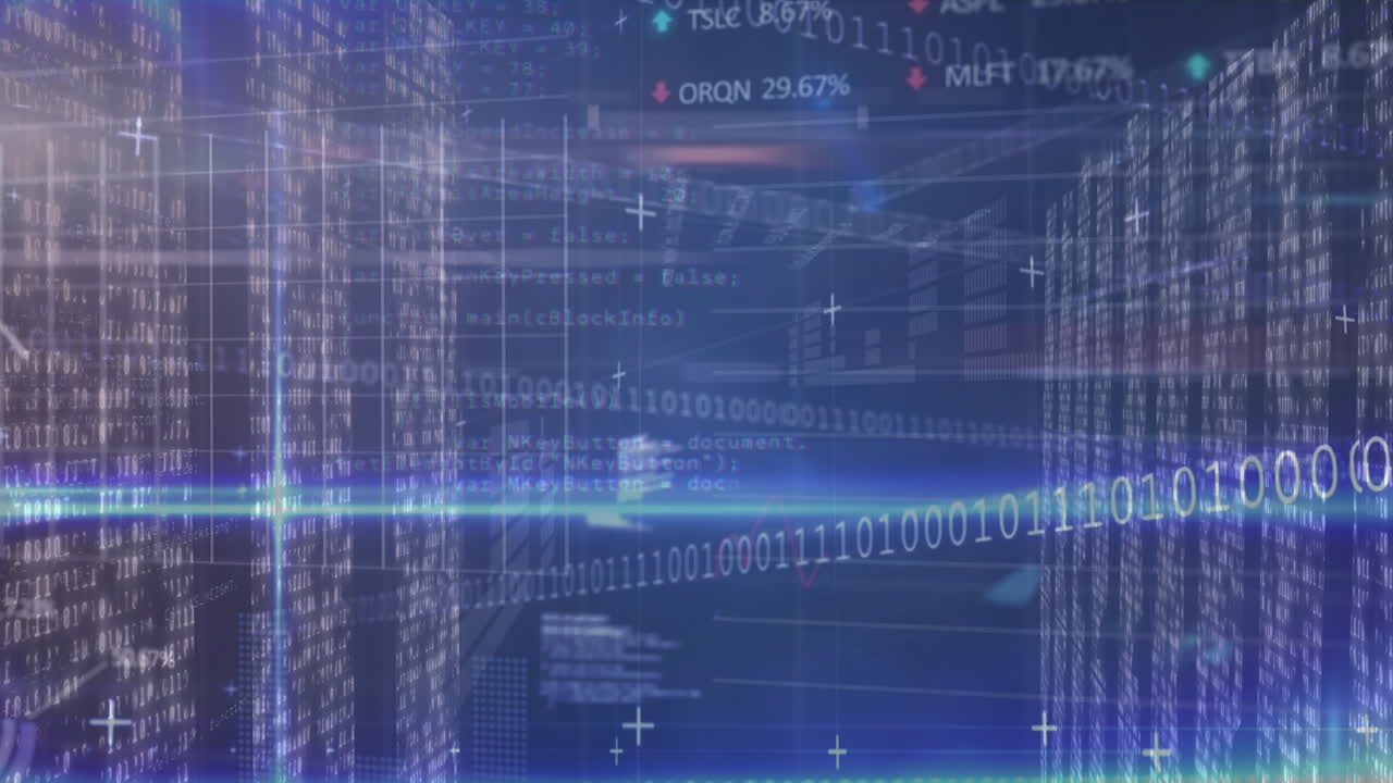 Animation of diverse financial data and graphs over digital space