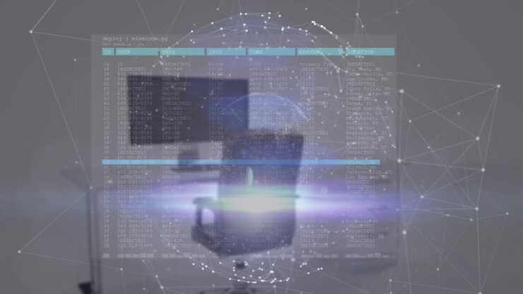 Animation of digital interface, connected dots forming globes over empty chair and desktop on desk