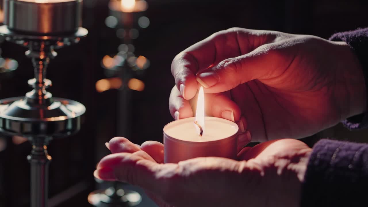 Close-up video of hands holding a lit candle, creating a warm, intimate atmosphere with soft